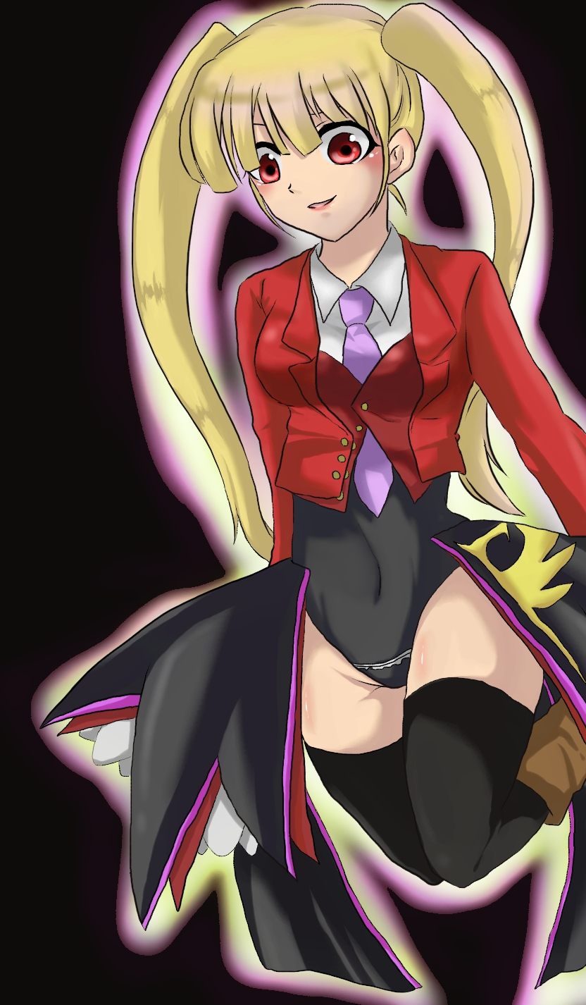 1girl asmodeus_(umineko) black_leotard blonde_hair highleg highleg_leotard highres leotard necktie pink_necktie red_eyes twintails umineko_no_naku_koro_ni