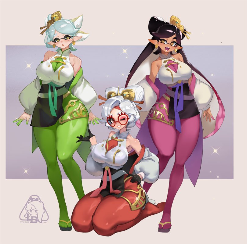 black_gloves black_hair blush breasts callie_(splatoon) dress earrings eyeshadow eyewear_on_head fangs glasses gloves green_pantyhose grey_hair hair_bun hair_ornament hair_stick inkling jewelry large_breasts little123blood long_hair looking_at_viewer makeup marie_(splatoon) multiple_girls nintendo object_on_head open_mouth pantyhose pointy_ears purah purple_pantyhose red-framed_eyewear red_eyes red_eyeshadow red_pantyhose round_eyewear sheikah short_hair smile splatoon_(series) splatoon_1 tentacle_hair the_legend_of_zelda the_legend_of_zelda:_tears_of_the_kingdom white_hair yellow_eyes
