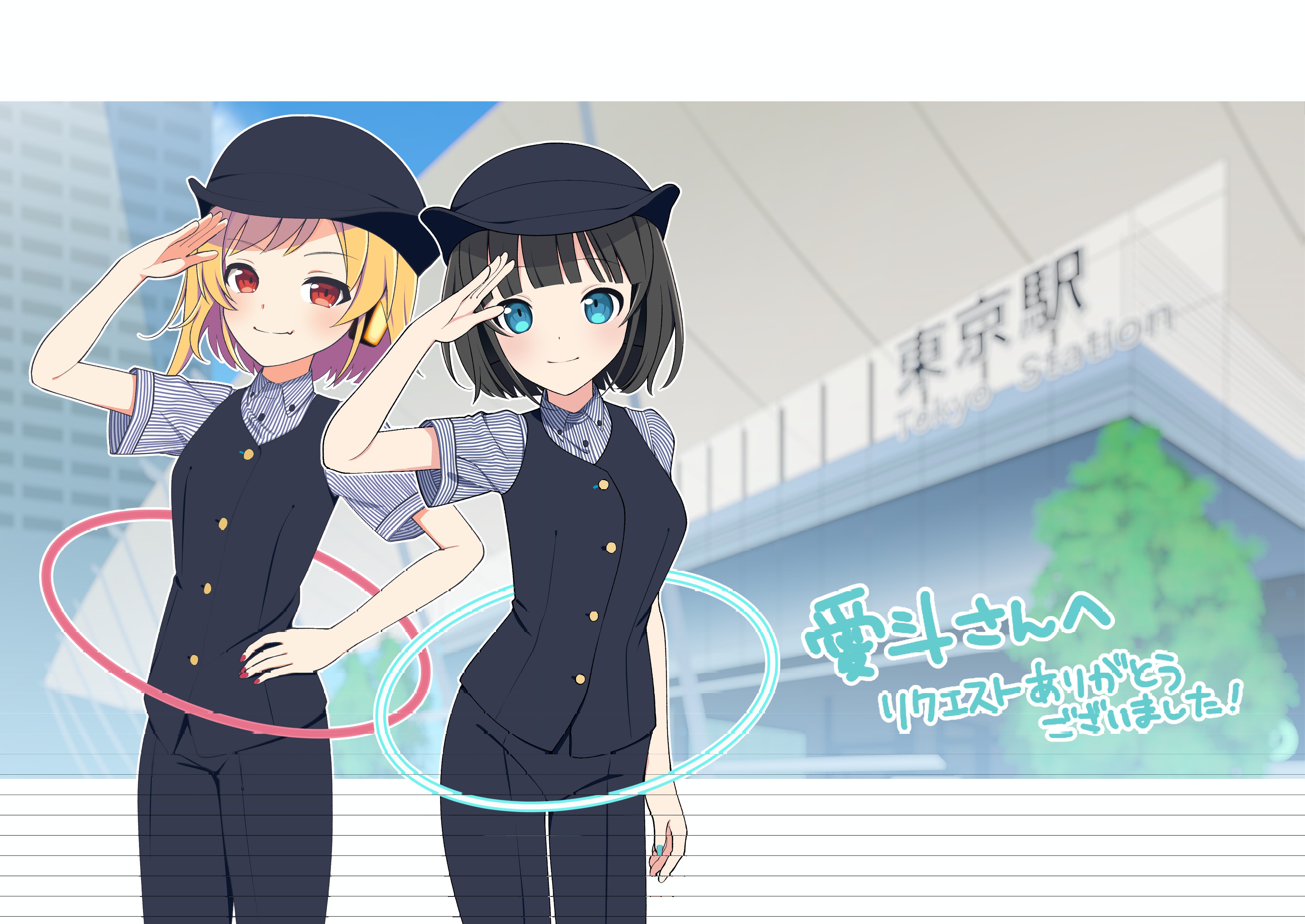 2girls absurdres black_hair blonde_hair highres multiple_girls nail_polish ouji_shigure station_memories tatsumi_ren tokyo_station