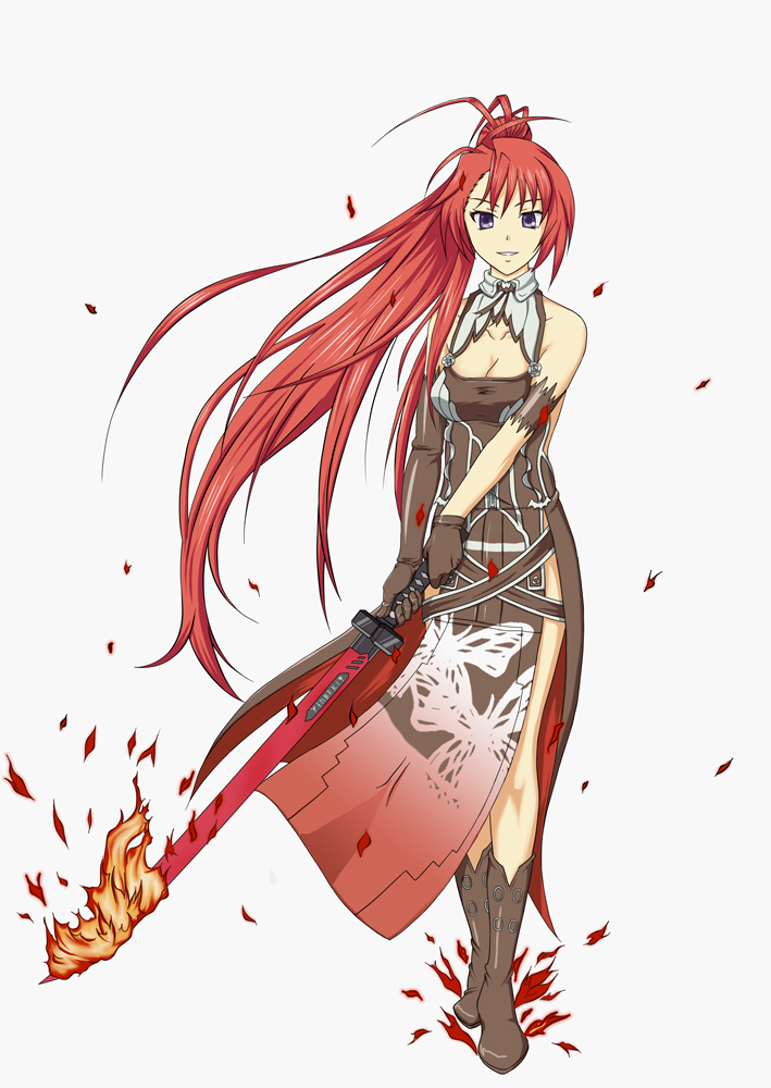 1girl boots breasts dress female_focus fire full_body gloves ignis_(jingai_makyou) jingai_makyou large_breasts long_hair looking_at_viewer nitroplus ponytail purple_eyes red_hair solo sorakujira_(pixiv) sword walking weapon