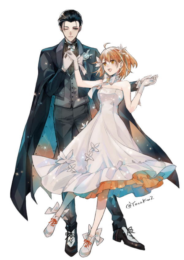 1boy 1girl :d ahoge artist_name bare_shoulders black_coat black_footwear black_hair black_pants black_shirt bow bowtie coat collared_shirt corsage cross-laced_footwear dress fate/grand_order fate_(series) flower footwear_bow fujimaru_ritsuka_(female) fujimaru_ritsuka_(female)_(fgo_orchestra) full_body gloves grey_vest hetero holding_hands lapels layered_dress official_alternate_costume one_eye_closed one_side_up open_clothes open_coat open_mouth orange_eyes orange_hair pants shawl_lapels sherlock_holmes_(fate) sherlock_holmes_(fgo_orchestra)_(fate) shirt shoes short_hair simple_background smile strapless strapless_dress twitter_username two-sided_coat two-sided_fabric vest white_background white_bow white_bowtie white_dress white_flower white_footwear white_gloves wing_collar wrist_bow yoczkw2