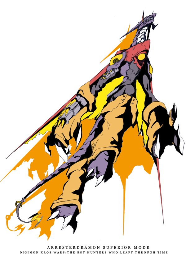 arresterdramon_superior_mode character_name claws colored_skin copyright_name digimon digimon_xros_wars digimon_xros_wars:_toki_wo_kakeru_shounen_hunter-tachi dragon fewer_digits purple_skin purple_tail sharp_teeth simple_background solo teeth yellow_gauntlets yellow_wings zakkizaki