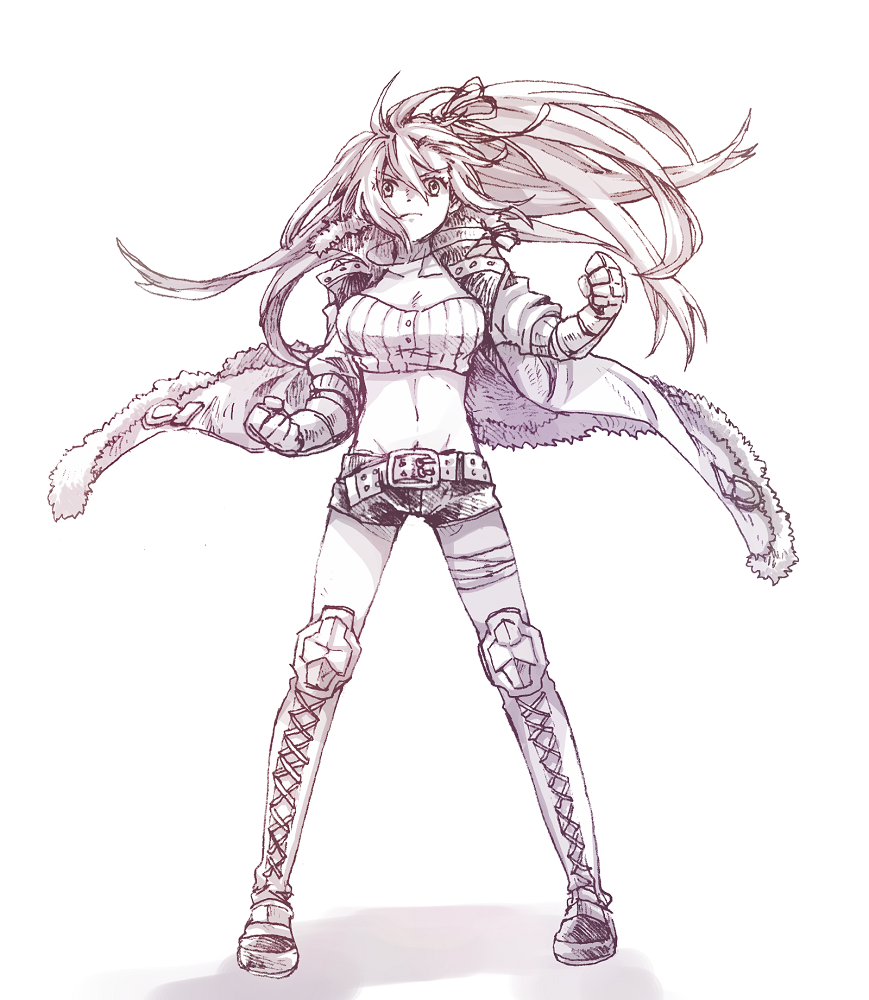 1girl amy_(another_eden) another_eden bandaged_leg bandages belt boots breasts cleavage clenched_hands closed_mouth coat collarbone commentary_request double-parted_bangs fighting_stance floating_clothes floating_hair frown full_body fur-trimmed_coat fur_trim gauntlets groin hair_between_eyes hair_ribbon hand_up hatching_(texture) jewelry knee_boots knee_pads lace-up_boots large_breasts legs_apart linea_alba linear_hatching long_hair long_sleeves looking_at_viewer michibata_65 monochrome navel necklace one_side_up open_clothes open_coat purple_theme ribbon short_shorts shorts sidelocks simple_background solo standing stomach straight-on strapless tube_top v-shaped_eyebrows very_long_hair white_background