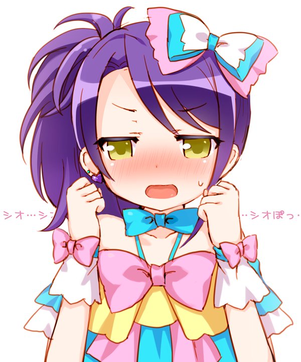 1girl adaajt blue_bow blush bow commentary_request earrings embarrassed hair_bow hands_up idol_clothes jewelry long_hair looking_at_viewer open_mouth pink_bow pretty_series pripara purple_hair side_ponytail simple_background solo sweatdrop toudou_shion translation_request upper_body white_background wrist_cuffs yellow_eyes