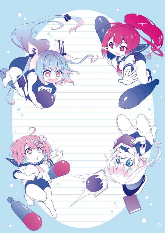4girls barefoot blue_eyes blue_one-piece_swimsuit blue_sailor_collar book breasts chibi commentary_request flower-shaped_pupils glasses hair_ornament hair_ribbon hina-uta holding holding_torpedo i-168_(kancolle) i-19_(kancolle) i-58_(kancolle) i-8_(kancolle) kantai_collection large_breasts long_hair medium_breasts multicolored_hair multiple_girls neckerchief one-piece_swimsuit open_mouth pink_hair pink_neckerchief ponytail red_hair red_neckerchief ribbon sailor_collar school_swimsuit swimsuit swimsuit_under_clothes symbol-shaped_pupils thighhighs torpedo tri_tails white_thighhighs