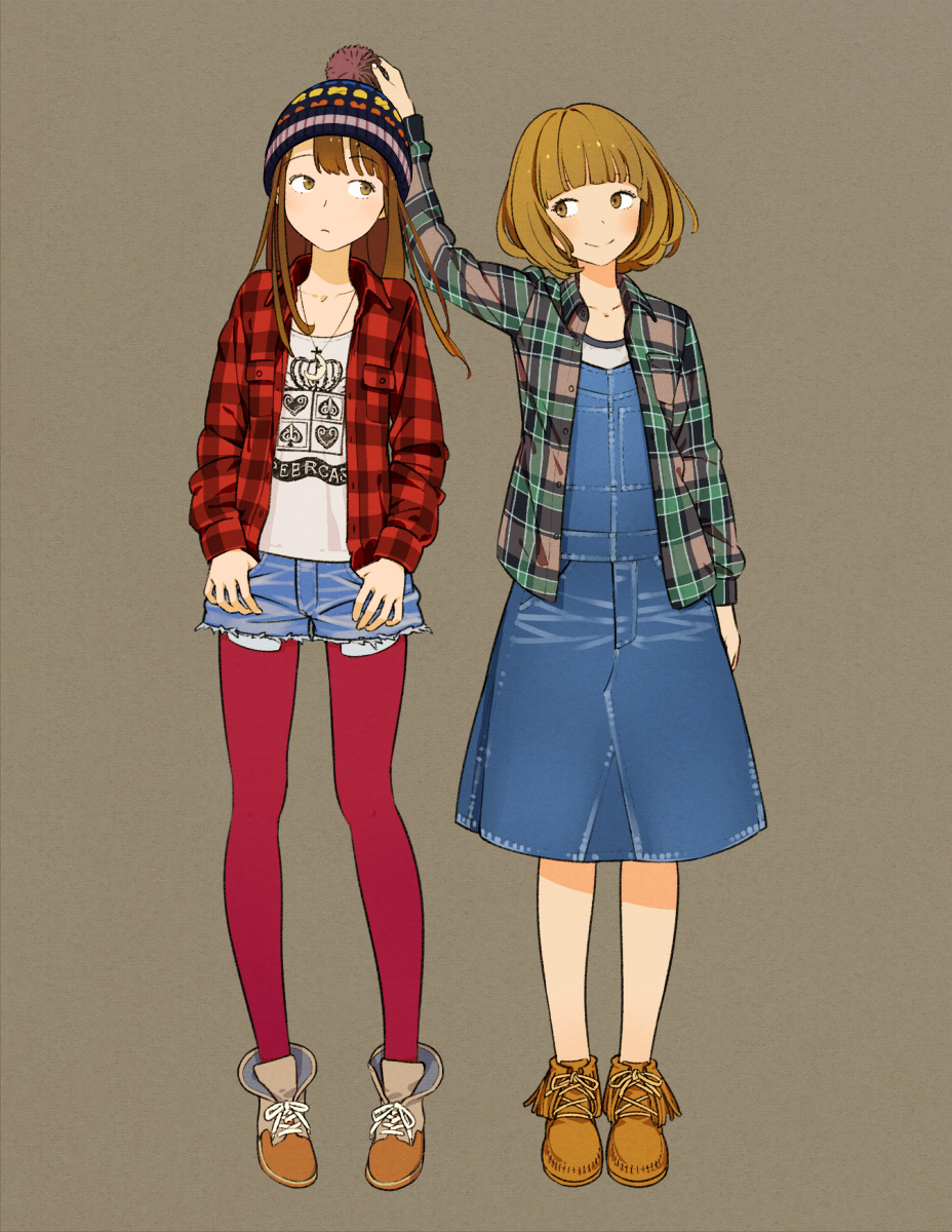 2girls brown_eyes brown_hair cutoffs denim denim_shorts denim_skirt fashion flannel hand_on_another&#039;s_head hat highres jewelry kamogawa_(kamogawa_sodachi) kansou_hada legs long_hair moccasins multiple_girls necklace original pantyhose pantyhose_under_shorts plaid red_legwear short_hair shorts skirt smile standing thumbs_in_pockets