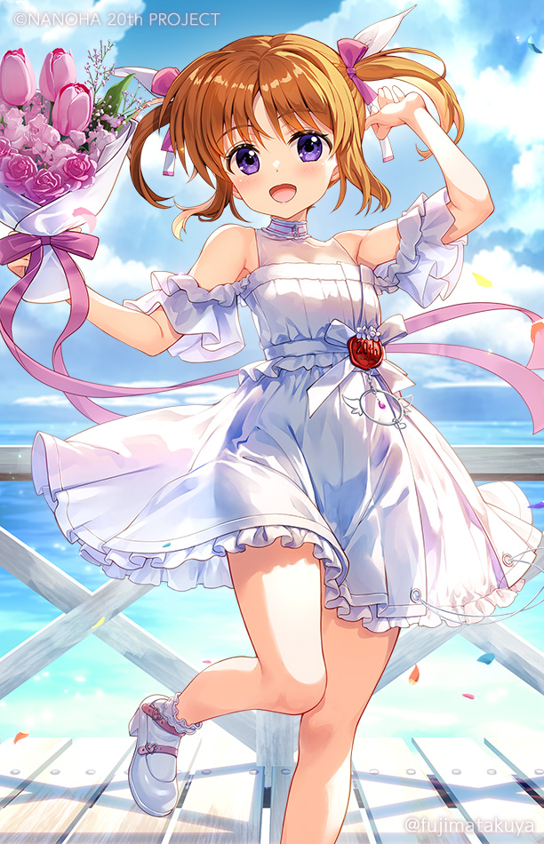 1girl :d bare_shoulders blue_sky blush bouquet bow breasts brown_hair cloud cloudy_sky day dress flower frilled_dress frills fujima_takuya hair_bow holding holding_bouquet lyrical_nanoha mahou_shoujo_lyrical_nanoha ocean off-shoulder_dress off_shoulder open_mouth outdoors pink_flower pink_rose purple_bow purple_eyes rose shoes sky small_breasts smile socks solo standing standing_on_one_leg takamachi_nanoha twintails water white_dress white_shoes white_socks