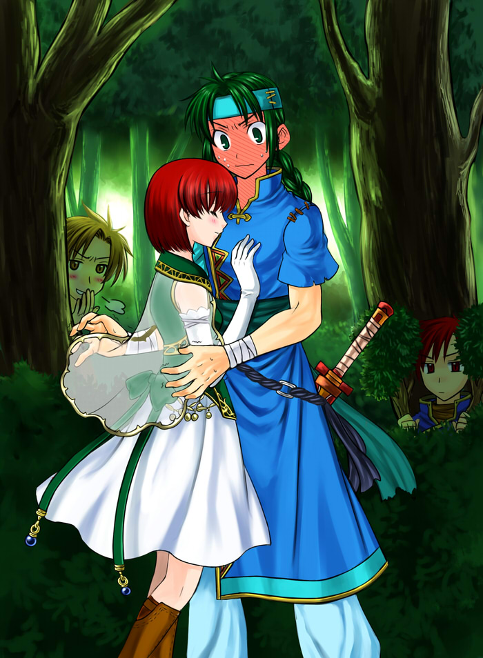 1girl 3boys blush bo_(774berry) bob_cut couple dress elbow_gloves fire_emblem fire_emblem:_the_blazing_blade gloves green_eyes green_hair guy_(fire_emblem) hetero matthew_(fire_emblem) multiple_boys nintendo peeking priscilla_(fire_emblem) raven_(fire_emblem) red_hair sheath sheathed short_hair smile sword weapon