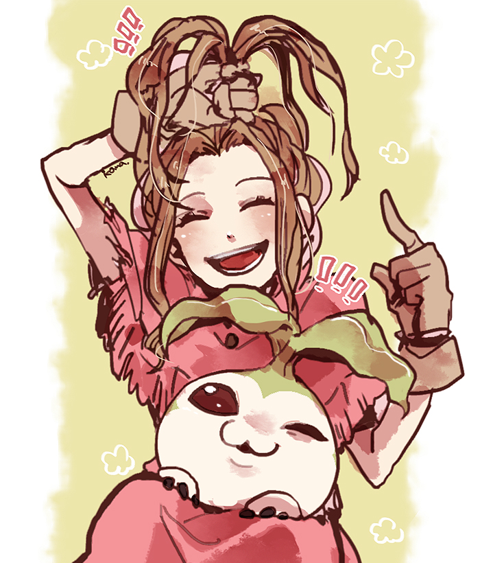 ! !! brown_gloves brown_hair closed_eyes digimon digimon_(creature) digimon_adventure gloves happy komarou_(4km_ro) one_eye_closed open_mouth tachikawa_mimi tanemon teeth