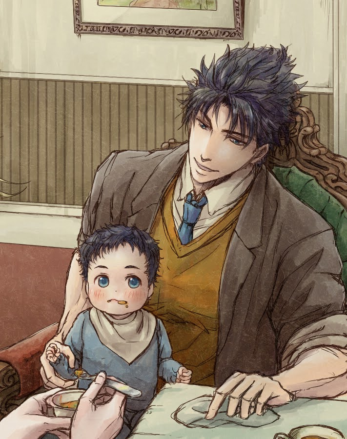1girl 2boys baby blue_eyes blue_hair blush couple eating erina_pendleton father_and_son george_joestar_ii happy husband_and_wife jojo_no_kimyou_na_bouken jonathan_joestar mother_and_son multiple_boys muscular muscular_male smile