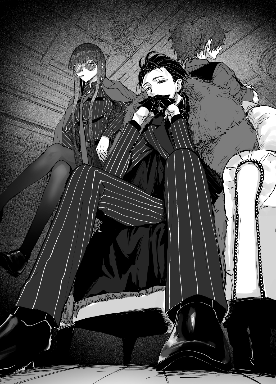 1girl 2boys black_pants black_pantyhose black_shirt black_vest blunt_bangs coat collared_jacket collared_shirt couch crossed_arms crossed_legs dress_shoes fate/grand_order fate_(series) fur_coat glasses gloves greyscale hair_slicked_back half_gloves head_rest highres interlocked_fingers jacket jacket_on_shoulders long_hair long_sleeves monochrome multiple_boys official_alternate_costume official_alternate_hairstyle okada_izou_(i&#039;m_one_dapping_fella)_(fate) on_couch oryou_(fate) pants pantyhose ponytail round_eyewear sakamoto_ryouma_(fate) shirt sitting sleeves_rolled_up striped_clothes striped_jacket striped_pants striped_shirt vertical-striped_clothes vertical-striped_jacket vertical-striped_pants vertical-striped_shirt vest yuta_arata