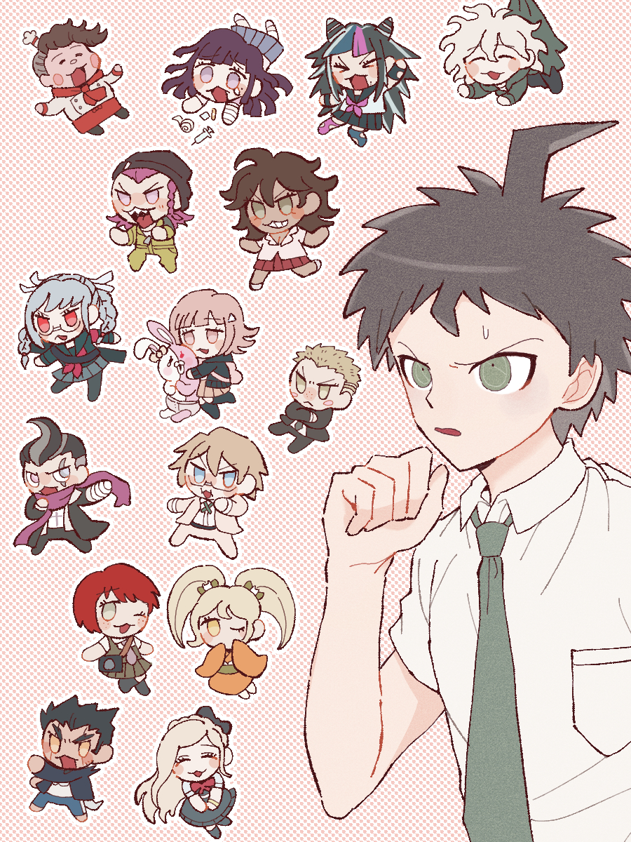 30en_(esx5g) 6+boys 6+girls :d ;o blonde_hair blush breasts brown_hair collared_shirt danganronpa_(series) danganronpa_2:_goodbye_despair dark-skinned_female dark-skinned_male dark_skin freckles grey_hair hair_ornament hanamura_teruteru hanging highres hinata_hajime holding hood hug jacket koizumi_mahiru komaeda_nagito kuzuryu_fuyuhiko long_hair long_sleeves looking_at_viewer medium_hair mioda_ibuki multiple_boys multiple_girls nanami_chiaki nidai_nekomaru one_eye_closed open_clothes open_mouth owari_akane pekoyama_peko pink_eyes red_hair ribbon saionji_hiyoko shirt short_hair simple_background skirt smile soda_kazuichi sonia_nevermind tanaka_gundham togami_byakuya_(danganronpa_2) tsumiki_mikan white_shirt