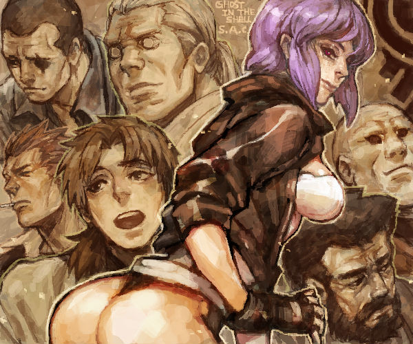 1girl 6+boys ass batou_(gits) beard boma_(gits) cigarette cropped_jacket facial_hair fingerless_gloves from_behind ghost_in_the_shell ghost_in_the_shell:_stand_alone_complex gloves ishikawa_(gits) kusanagi_motoko leaning_forward leotard looking_at_viewer looking_back multiple_boys paz_(gits) purple_hair red_eyes ruushii saitou_(gits) scar short_hair thong thong_leotard togusa_(gits)