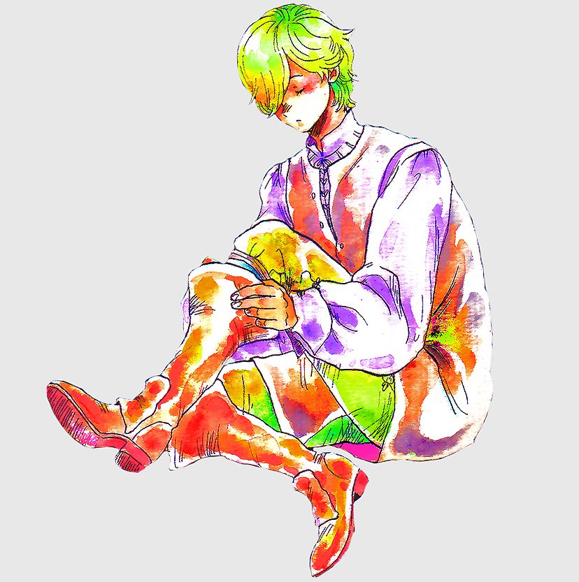 1990s_(style) 1boy berserk boots closed_eyes full_body grey_background hair_over_one_eye knee_up male_focus serpico_(berserk) simple_background sitting solo