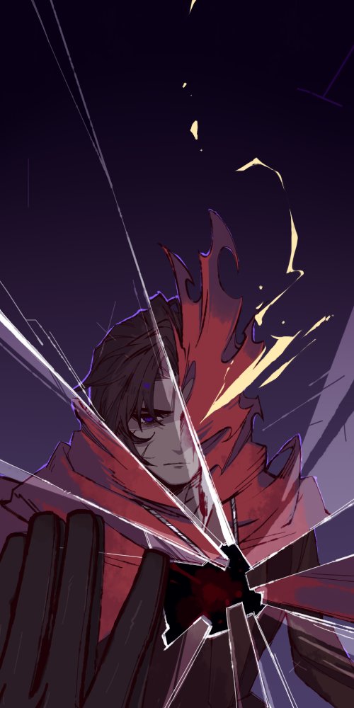 1boy blood broken_glass brown_cape cape closed_mouth e.g.o_(project_moon) fell_bullet_(e.g.o) fire glass heathcliff_(project_moon) jewelry limbus_company looking_at_viewer mercuryhx necklace pov pov_hands project_moon purple_eyes red_scarf reflection scarf solo upper_body