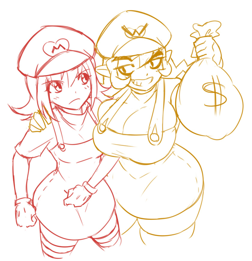 2girls bag breast_press breasts bursting_breasts cleavage cowboy_shot cropped_legs dollar_sign dot_nose dress eye_contact female_focus genderswap genderswap_(mtf) grin hair_between_eyes half-closed_eyes hat heart holding holding_bag holding_money large_breasts looking_at_another mario mario_(series) matsu-sensei money multiple_girls nintendo overalls pointy_ears sack shirt short_hair sidelocks skindentation small_breasts smile striped_clothes striped_legwear striped_thighhighs super_mario_bros._1 t-shirt taut_clothes taut_overalls thick_eyebrows thick_thighs thighhighs thighs wario zettai_ryouiki