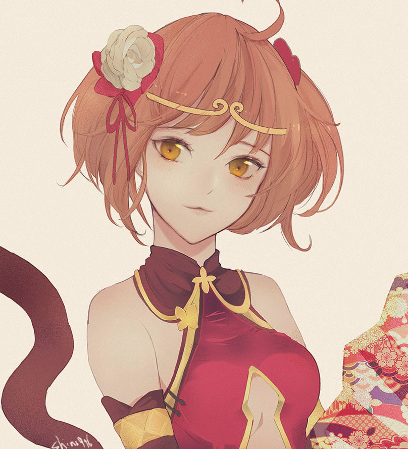 1girl bad_id bad_pixiv_id breasts brown_hair cat_tail character_cutout detached_sleeves fate/grand_order fate_(series) female_focus flower fujimaru_ritsuka_(female) fujimaru_ritsuka_(female)_(the_three_great_heroes) grey_background hair_between_eyes head_tilt looking_at_viewer medium_breasts official_alternate_costume parted_lips shino_(mufn5785) short_hair simple_background solo tail upper_body white_flower yellow_eyes