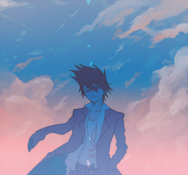 1boy blue_sky cloud coat_partially_removed commentary_request danganronpa_(series) danganronpa_v3:_killing_harmony facial_hair goatee hair_between_eyes jacket long_sleeves male_focus momota_kaito open_clothes partial_commentary pastel_colors purple_eyes purple_facial_hair purple_hair purple_jacket shirt short_hair sky smile solo spiked_hair tsuki_miyabi upper_body white_shirt