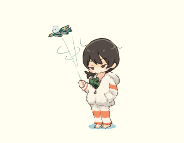 1girl aircraft airplane alternate_costume black_hair breasts full_body hand_in_pocket hood hooded_jacket i-41_(kancolle) jacket kantai_collection low_ponytail medium_breasts military_vehicle motor_vehicle pants ponytail saiguchi_otoufu simple_background sleepwear solo tank toy white_background white_jacket white_pants