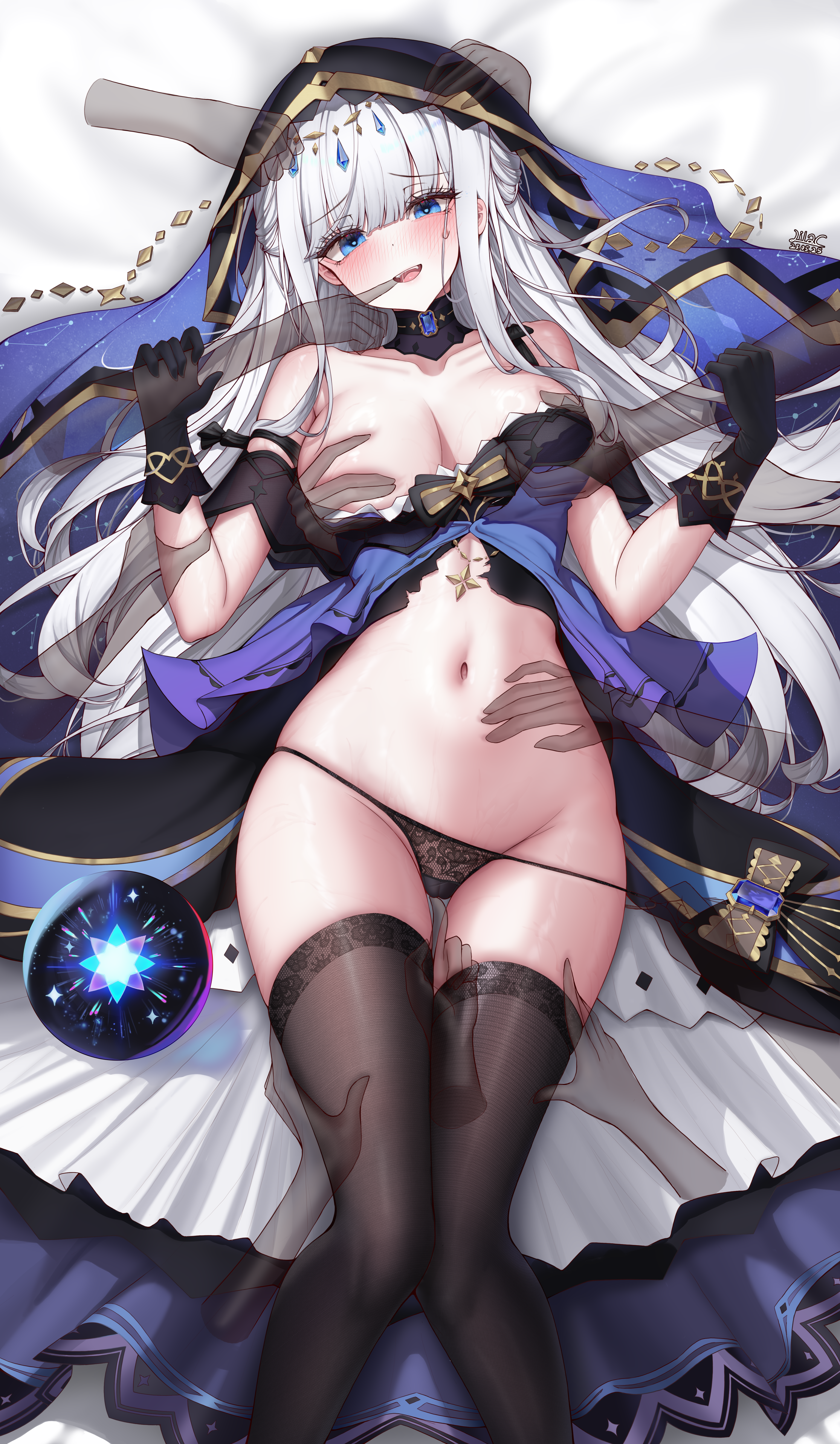 1girl absurdres adina_savic bare_shoulders black_gloves black_panties black_survival black_thighhighs black_veil blue_dress blue_eyes blue_veil breasts cleavage commission disembodied_hand dress eternal_return:_black_survival gloves groping hand_on_another's_stomach hand_on_another's_thigh hands_up highres lilac_(k32420276) long_hair looking_at_viewer lying medium_breasts navel no_bra on_back orb panties panty_pull pixiv_commission skindentation solo spaghetti_strap stomach string_panties thighhighs thighs underwear veil very_long_hair white_hair