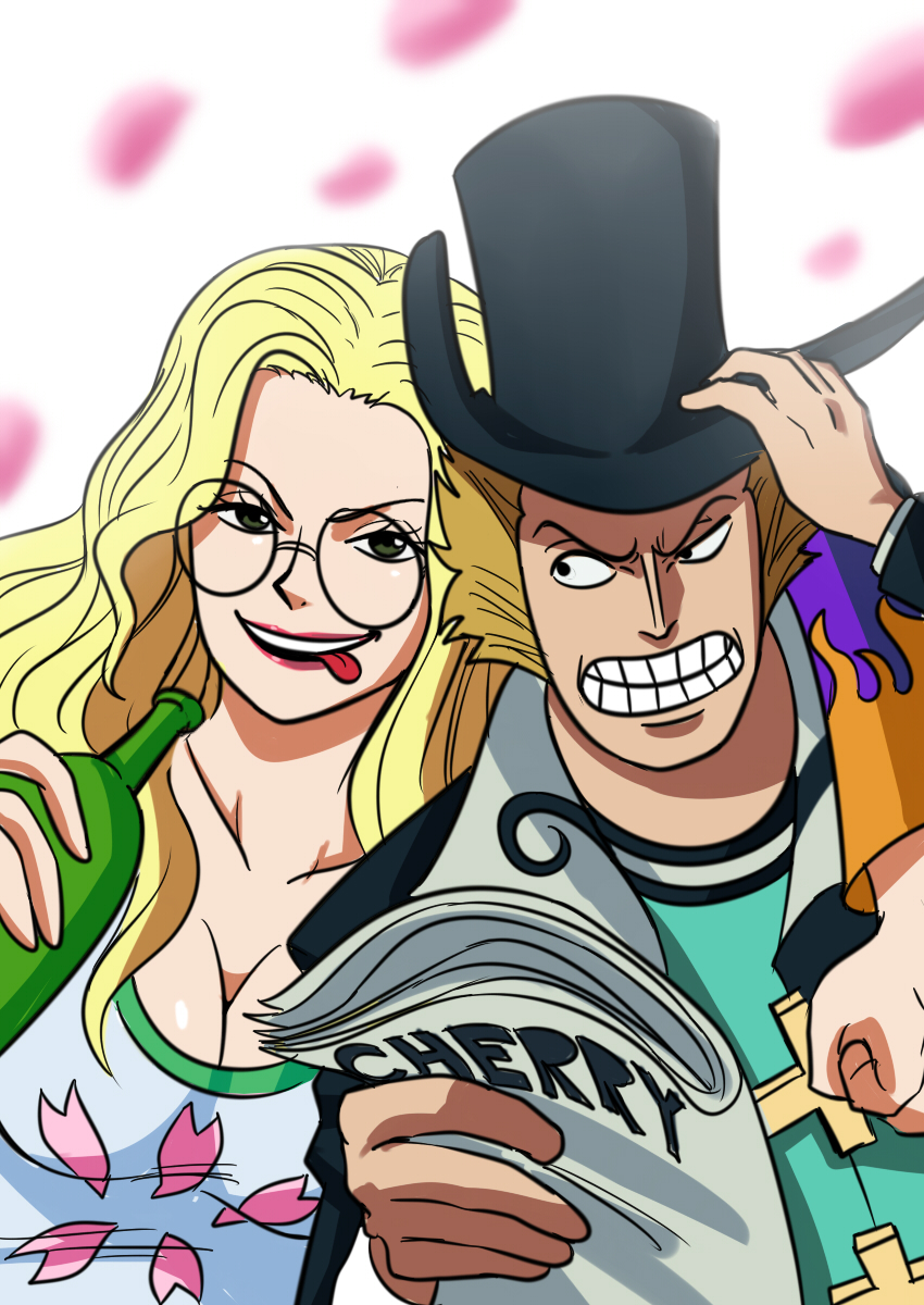 1boy 1girl aged_down black_headwear blonde_hair bottle brown_hair dr._hiluluk dr._kureha glasses hand_on_headwear hat highres holding holding_bottle holding_paper lipstick long_hair looking_at_another looking_at_viewer makeup one_piece open_mouth paper round_eyewear short_hair smile teeth tina_fate tongue tongue_out top_hat