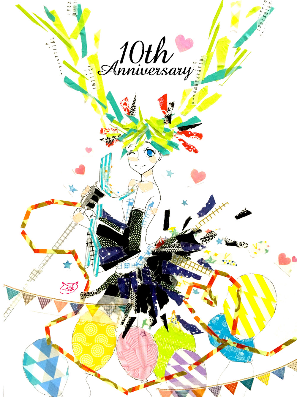 1girl ;) abstract anniversary aqua_eyes balloon bare_shoulders black_skirt black_sleeves blonde_hair blue_eyes blue_necktie blush breasts bunting cathinthecloud commentary cropped_legs english_commentary floating_hair from_side hair_ribbon hatsune_miku heart highres holding holding_microphone holding_microphone_stand long_hair looking_at_viewer masking_tape_(medium) microphone microphone_stand mixed_media multicolored_hair necktie one_eye_closed red_ribbon ribbon shirt skirt sleeveless sleeveless_shirt small_breasts smile solo split_mouth star_(symbol) traditional_media twintails unconventional_media very_long_hair vocaloid white_background white_shirt wide_sleeves