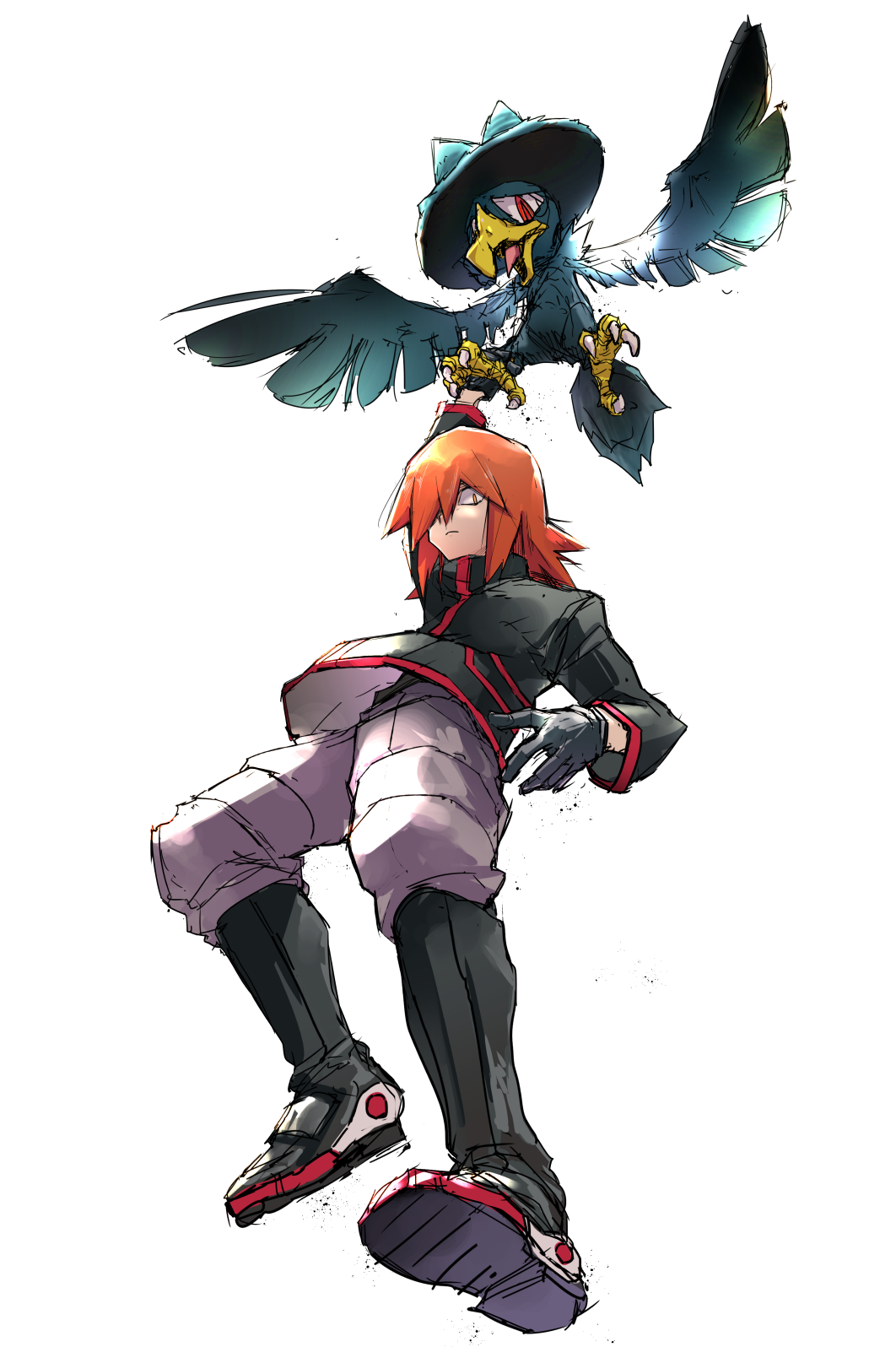 1boy bird flying gen_2_pokemon gloves hair_over_one_eye highres holding holding_pokemon jacket jako_(boke_poke) long_hair male_focus murkrow nintendo pokemon pokemon_(creature) pokemon_adventures red_eyes red_hair silver_(pokemon) simple_background white_background wings