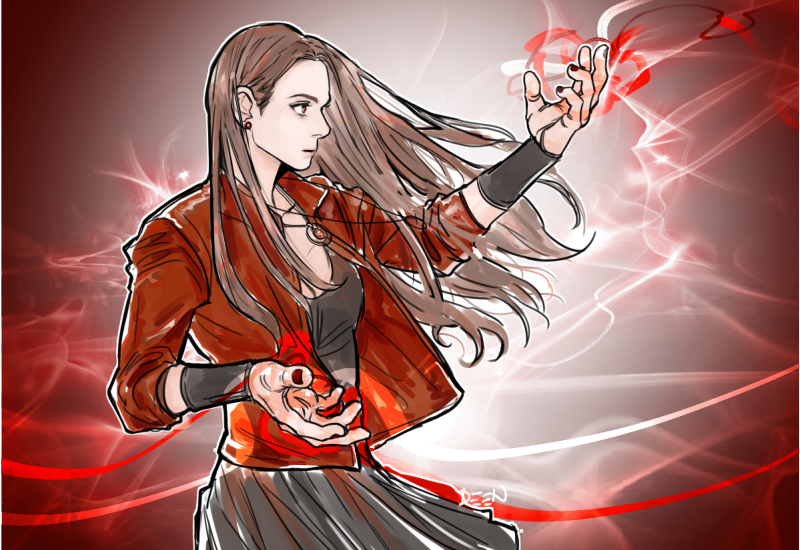 1girl arm_warmers artist_name avengers:_age_of_ultron avengers_(series) black_dress breasts brown_hair closed_mouth collarbone collared_jacket commentary_request deen_(wlfkfaos) dress earrings fingernails gem gradient_background hands_up jacket jewelry korean_commentary long_hair long_sleeves looking_to_the_side magic marvel marvel_cinematic_universe medium_breasts nail_polish necklace open_clothes open_jacket red_background red_eyes red_gemstone red_jacket red_nails scarlet_witch solo standing wanda_maximoff white_background