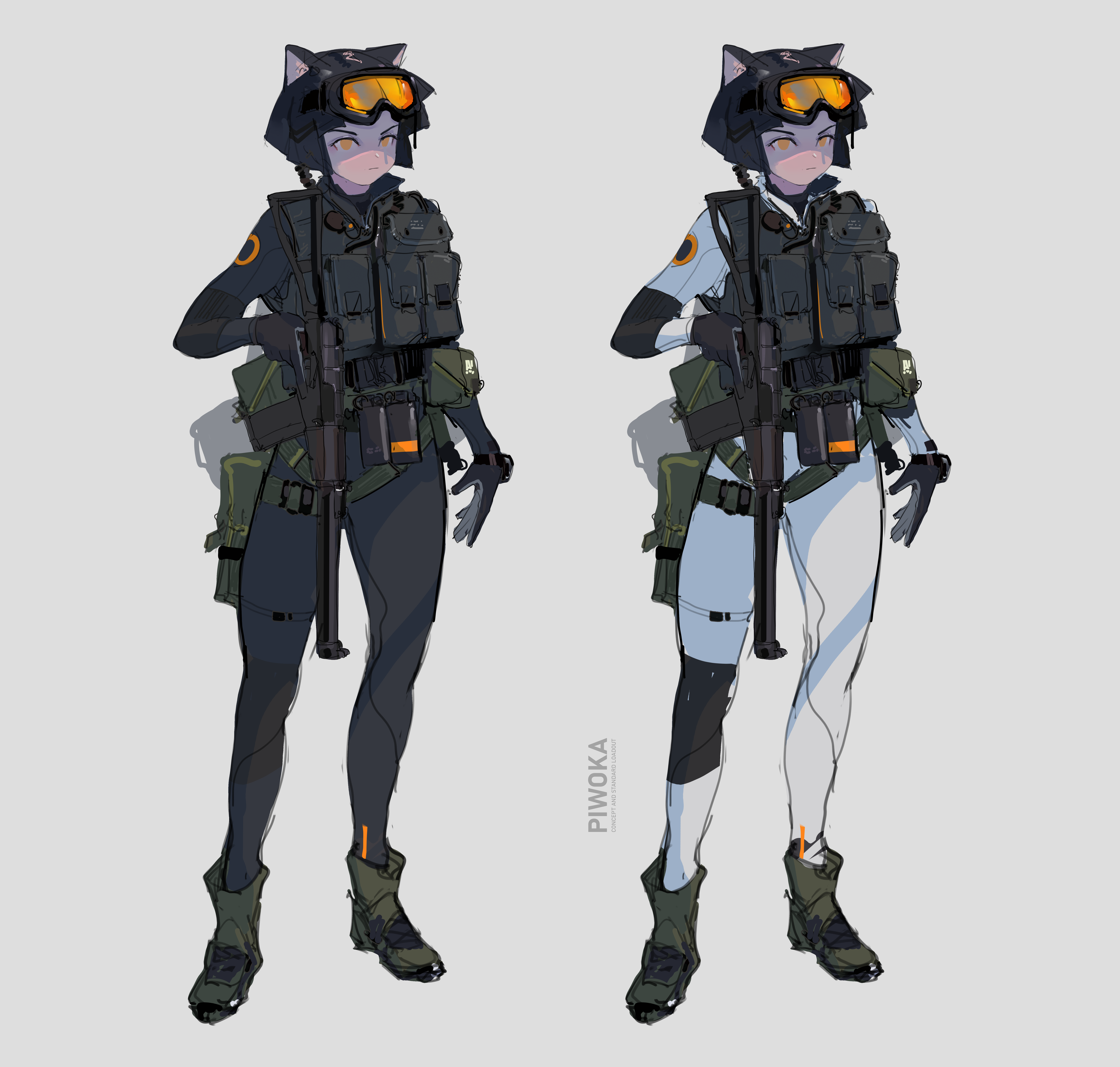 1girl 2023 absurdres animal_ears as_val assault_rifle black_hair bodysuit cat_ears cat_girl reference_sheet diving_mask diving_mask_on_head diving_suit goggles goggles_on_head gun highres kalashnikov_rifle orange_eyes pale_skin piwoka_(wibber_rose) polilla rifle short_hair sketch tactical_clothes tagme weapon wetsuit white_background wibber_rose