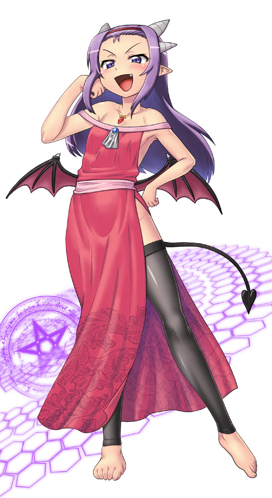 1girl bare_shoulders barefoot black_thighhighs blue_eyes breasts commentary_request demon_girl demon_horns demon_tail demon_wings detached_leggings dress full_body gem hairband hase_yu horns jewelry long_hair multiple_horns necklace off-shoulder_dress off_shoulder open_mouth original pointy_ears purple_hair red_dress red_hairband side_slit small_breasts smile solo tail thighhighs wings
