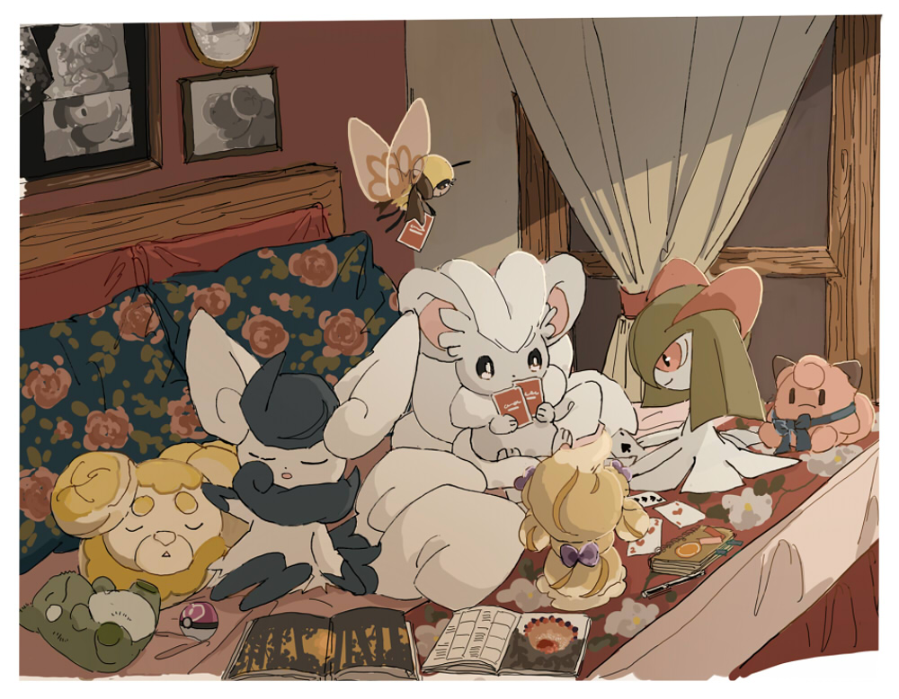 3girls :o alcremie alcremie_(lemon_cream) alcremie_(ribbon_sweet) animal_ears animal_focus animal_hands black_eyes blonde_hair book bow brown_scarf card cat_ears cat_girl cc8nw42u15apug0 cinccino closed_eyes dog fidough gen_3_pokemon gen_5_pokemon gen_6_pokemon gen_7_pokemon gen_8_pokemon green_hair grey_fur insect_wings kirlia love_ball meowstic meowstic_(female) multiple_girls multiple_tails neck_fur nintendo on_bed pillow playing_card poke_ball pokemon pokemon_(creature) purple_bow purple_fur red_eyes ribombee scarf sleeping substitute_(pokemon) tail two_tails white_fur wings