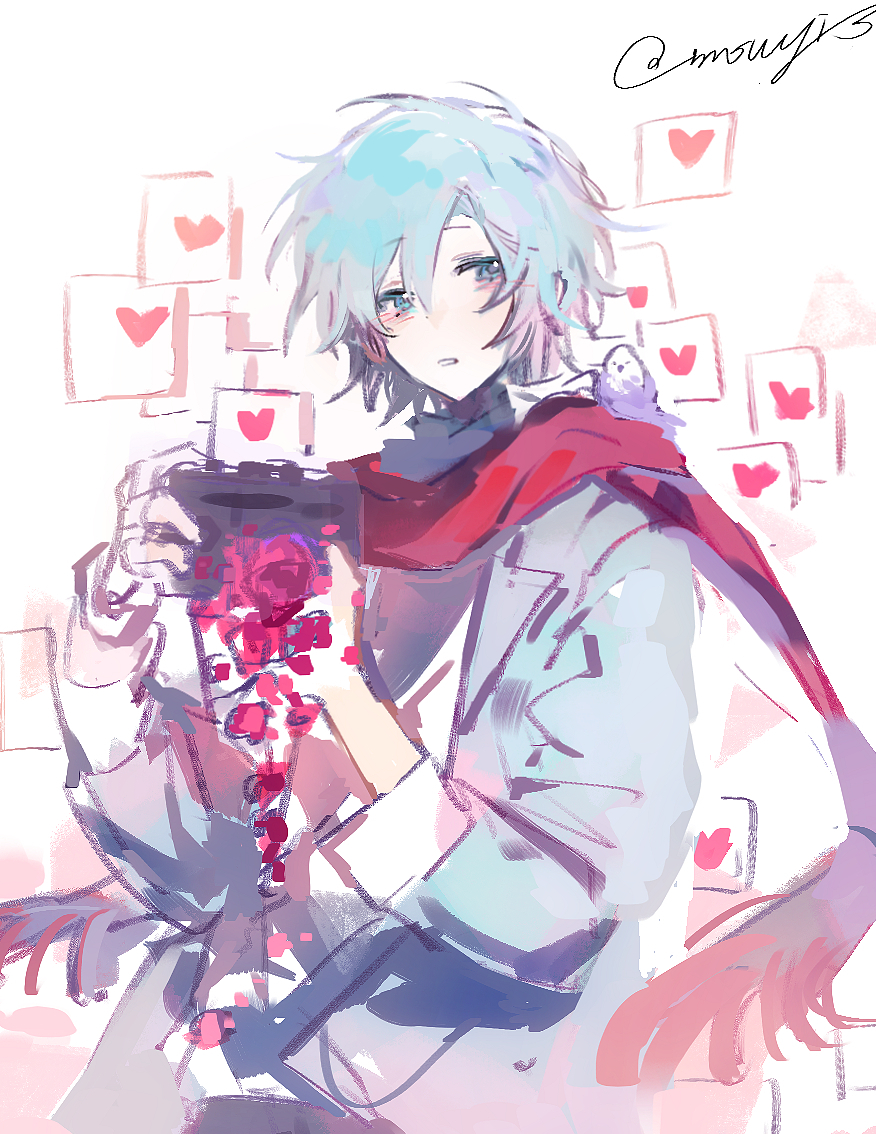 1boy animal animal_on_shoulder bilibili bird bird_on_shoulder blue_eyes blue_hair camera grey_jacket hands_up heart holding holding_camera jacket long_sleeves looking_at_viewer mou_huanjun mouyimouyi open_mouth red_scarf scarf shirt simple_background solo white_background white_shirt
