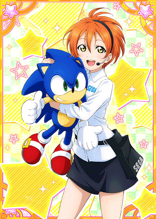 1girl belt_pouch black_skirt blush border card_(medium) character_doll collared_shirt crossover feet_out_of_frame headset holding holding_stuffed_toy hoshizora_rin long_sleeves looking_at_viewer love_live! love_live!_school_idol_festival love_live!_school_idol_project miniskirt official_art open_mouth orange_hair ornate_border pouch sega sega_staff_image_girl shirt short_hair skirt smile sonic_(series) sonic_the_hedgehog star_(symbol) star_symbol_background stuffed_toy teeth thumbs_up upper_teeth_only white_shirt yellow_background yellow_eyes