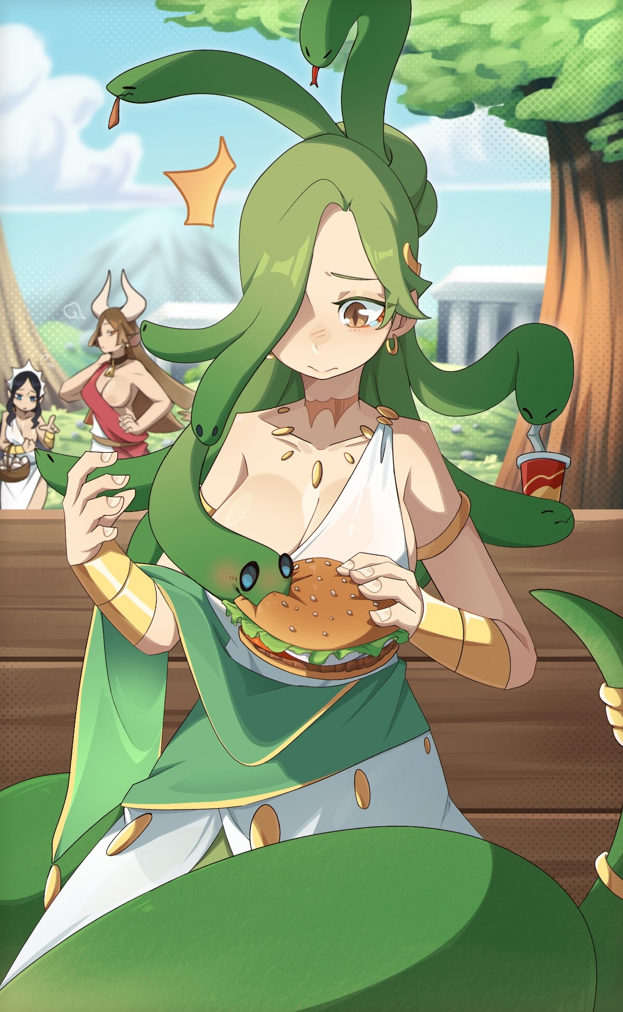 3girls ancient_greek_clothes animal_ears architecture bare_shoulders basket bell black_hair blue_sky bracelet breasts brown_eyes brown_hair burger cleavage closed_mouth cloud collar cow_ears cow_girl cow_horns cowbell cup disposable_cup earrings egg feeding_animal food gold_armlet gold_bracelet gold_earrings gold_necklace greco-roman_architecture greco-roman_clothes green_hair hair_over_one_eye hand_on_own_hip highres holding holding_basket holding_burger holding_food horns jewelry lamia large_breasts lieumare long_hair looking_at_food maid_headdress monster_girl multiple_girls necklace one_breast_out ophelia_(lieumare) original outdoors ponytail scar scar_on_neck sky slit_pupils snake_hair tail tail_ornament tail_ring tearing_up tree