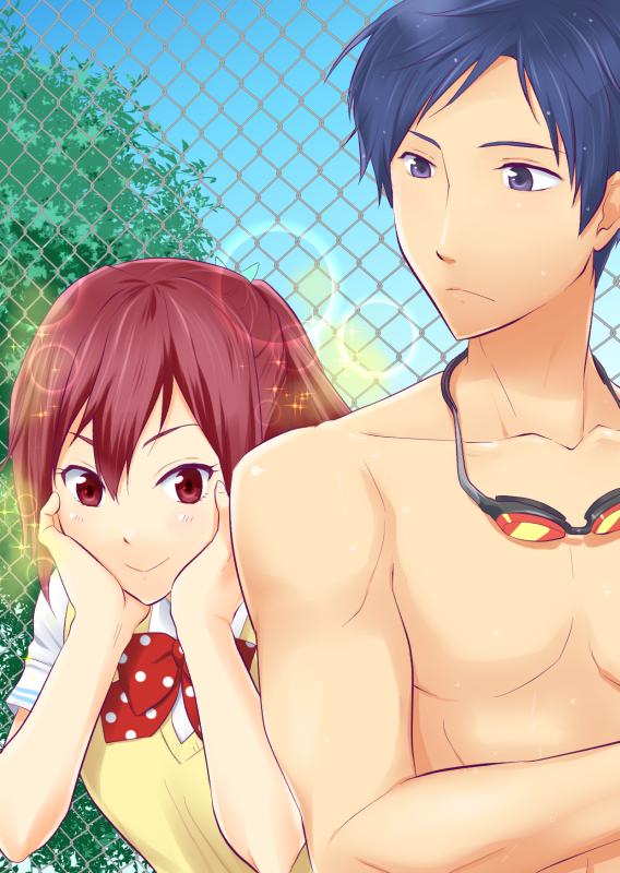 10s 1boy 1girl apolix blue_hair blue_sky bow brown_eyes brown_hair chain-link_fence collarbone day fence free! goggles hands_on_own_cheeks hands_on_own_face matsuoka_gou outdoors polka_dot polka_dot_bow purple_eyes ryuugazaki_rei school_uniform topless_male sky smile