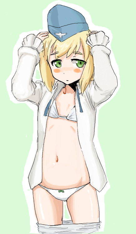 1girl blonde_hair blush body_blush bow bow_panties bra clothes_pull dress_shirt elma_leivonen female_focus flat_chest garrison_cap green_background green_eyes hands_on_own_head hat kunashiri_(etorofu) long_sleeves navel open_clothes open_shirt outline panties pantyhose pantyhose_pull shirt short_hair simple_background solo strike_witches strike_witches:_suomus_misfits_squadron underwear white_panties world_witches_series