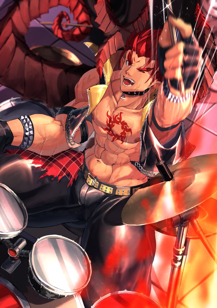 1boy abs alternate_costume bara bellsaltr chest_tattoo collarbone drumming horns ifrit_(housamo) looking_at_viewer male_focus muscular nipples pectorals pointy_ears red_eyes red_hair topless_male solo spiked_hair tattoo thick_thighs thighs tokyo_houkago_summoners upper_body