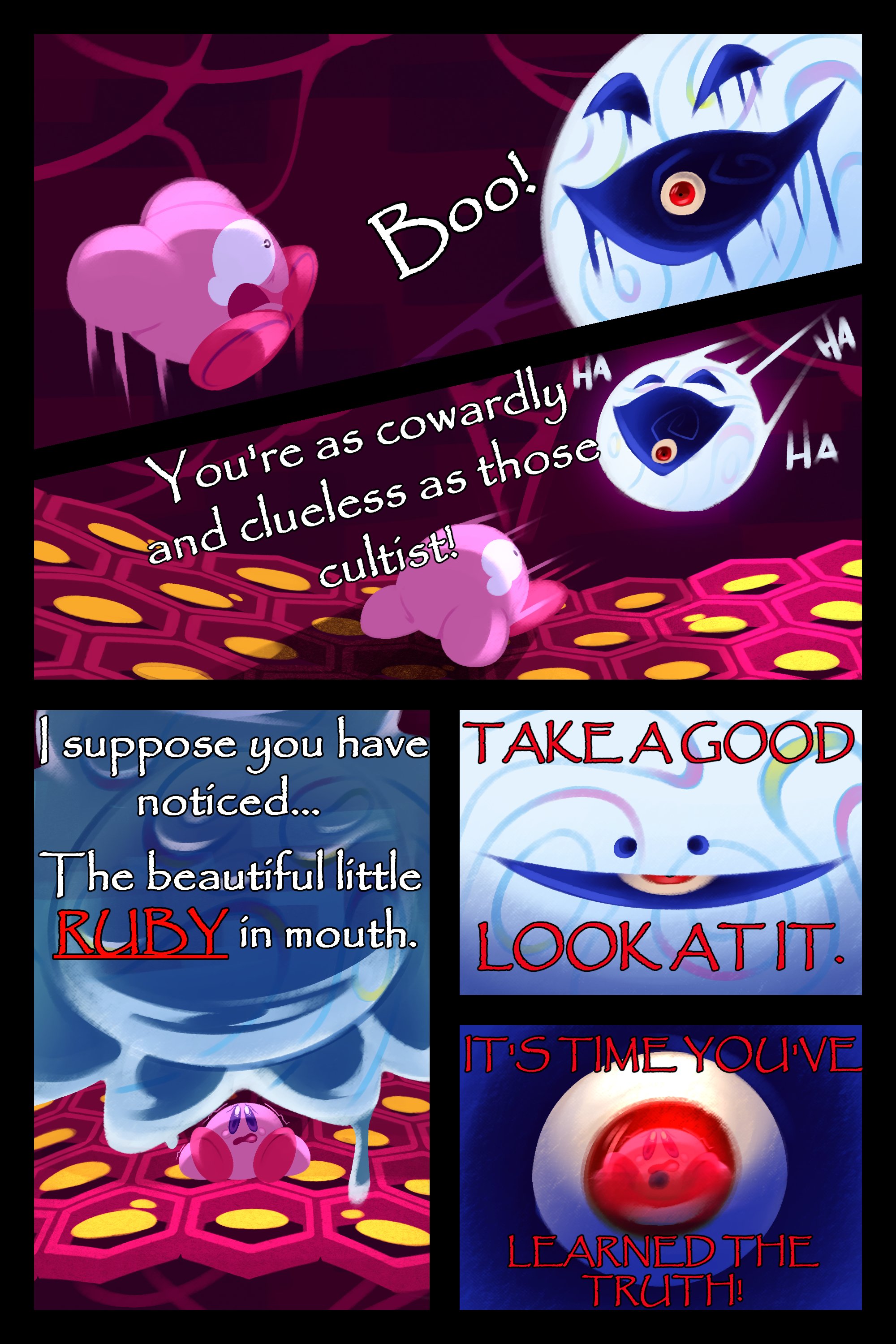 1boy 1other absurdres blush_stickers comic constricted_pupil crying crying_with_eyes_open english_text evil_smile eye_in_mouth hexagon highres honeycomb_(pattern) honeycomb_background kirby kirby_star_allies kirby_(series) melting melting_eyes nintendo ooze red_eyes red_footwear reflection scared smile surprised tears the_mad_fanatic void_soul void_termina