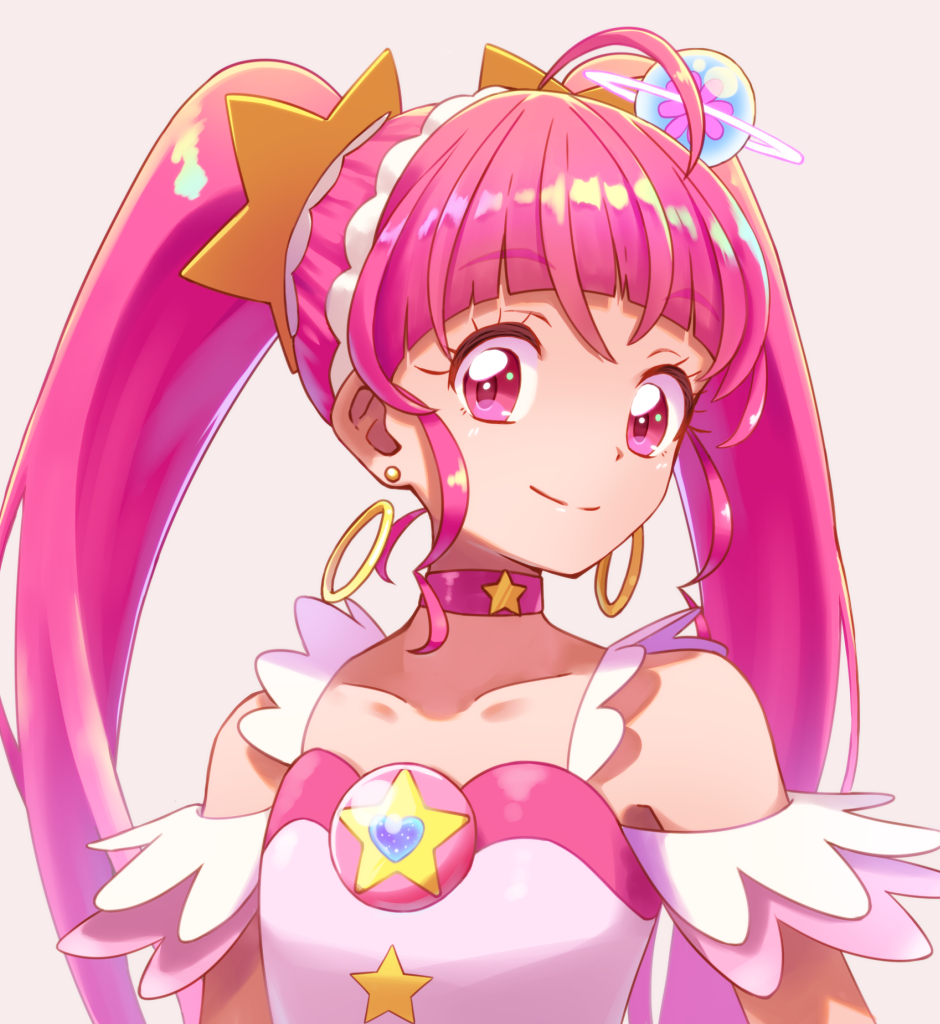1girl 40cabbage bare_shoulders blunt_bangs choker cure_star dress earrings hoshina_hikaru jewelry long_hair looking_at_viewer magical_girl pink_choker pink_eyes pink_hair precure simple_background solo star_twinkle_precure twintails upper_body white_dress