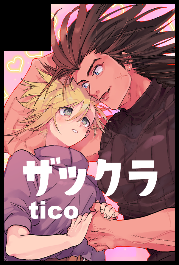 2boys aqua_eyes black_hair black_shirt blonde_hair cross_scar earrings facial_scar final_fantasy final_fantasy_vii grey_shirt hair_between_eyes hair_slicked_back holding_hands jewelry light_blush long_hair male_focus multiple_boys open_mouth pale_skin parted_lips scar scar_on_cheek scar_on_face shirt short_hair sideburns single_earring sleeveless sleeveless_turtleneck smile spiked_hair tan turtleneck upper_body veins veiny_arms veiny_hands yaoi zack_fair zc_furuya