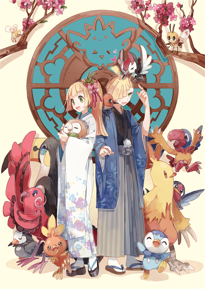 1boy 1girl animal_focus archen bird blonde_hair branch brother_and_sister combusken commentary_request cutiefly fletchling gen_3_pokemon gen_4_pokemon gen_5_pokemon gen_6_pokemon gen_7_pokemon geta gladion_(pokemon) green_eyes hair_ornament hair_over_one_eye holding holding_pokemon huan_li japanese_clothes kimono lillie_(pokemon) long_hair nintendo on_shoulder open_mouth oricorio oricorio_(baile) pikipek piplup pokemon pokemon_(creature) pokemon_on_shoulder pokemon_sm ponytail ribombee rowlet sandals short_hair siblings starly taillow torchic toucannon