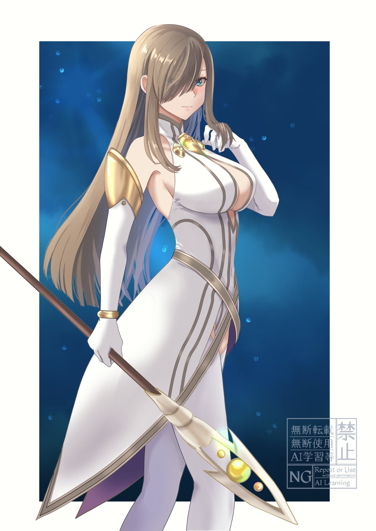 1girl armpit_peek bare_shoulders blue_eyes border breasts brown_hair center_opening closed_mouth commentary_request dress elbow_gloves feet_out_of_frame from_side gloves hair_over_one_eye hand_up high_collar highres holding holding_staff komegura large_breasts long_hair looking_at_viewer looking_to_the_side night night_sky official_alternate_costume outside_border sidelocks sky sleeveless sleeveless_dress smile solo staff swept_bangs tales_of_(series) tales_of_the_abyss tales_of_the_rays tear_grants thighhighs watermark white_border white_dress white_gloves white_thighhighs