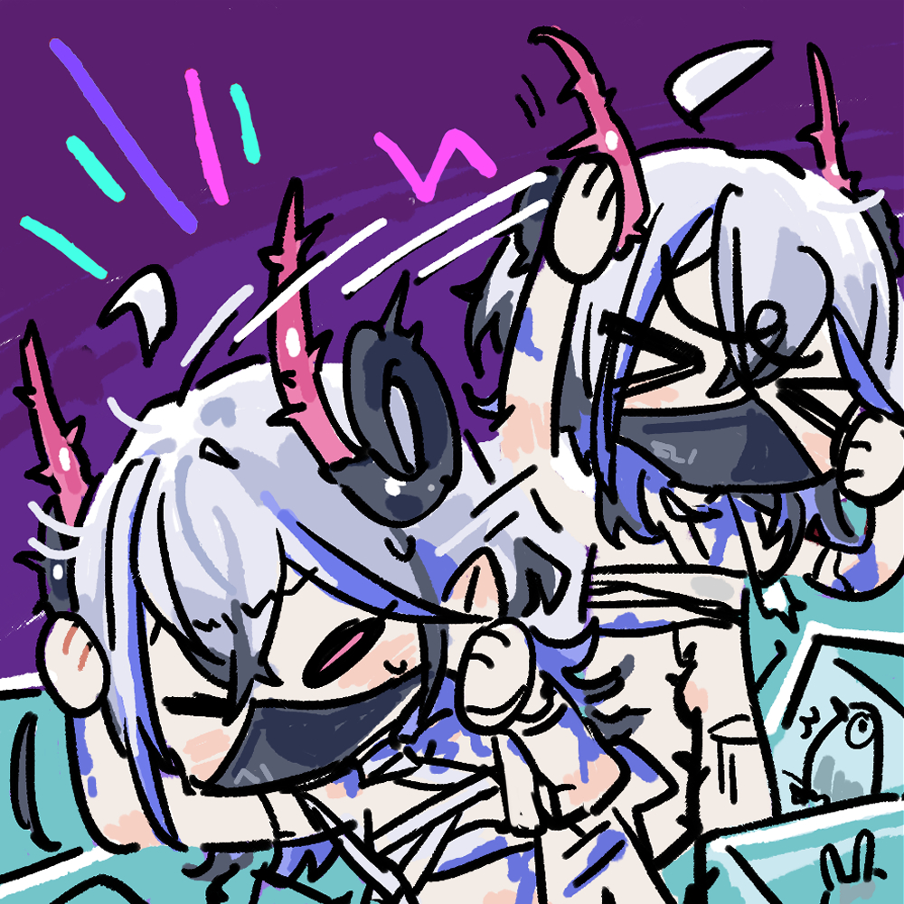 &gt;_&lt; 1girl belladonna_(neural_cloud) blue_hair chibi chibi_only chinese_commentary cui_pi_zha_xia_qiu frustrated furrowed_brow girls&#039;_frontline girls&#039;_frontline_neural_cloud head_hold horns mask mouth_mask official_art red_eyes second-party_source shaking_head solo thorns white_hair