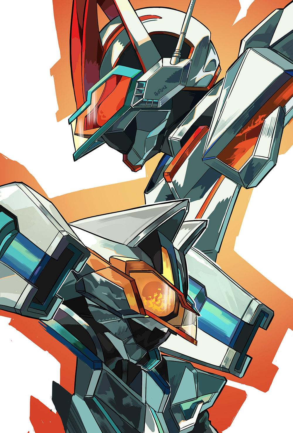 2boys animal_ears antennae black_bodysuit bodysuit clash commentary dahe_z earpiece fox fox_ears goggles highres kamen_rider kamen_rider_geats kamen_rider_geats_(series) kamen_rider_geats_command_form:jet_mode kamen_rider_tycoon kamen_rider_tycoon_command_form:cannon_mode microphone multiple_boys orange-tinted_eyewear orange_eyes raccoon_ears raise_sword rider_belt shoulder_cannon tanuki tinted_eyewear tokusatsu upper_body visor_(armor) weapon white_background wings