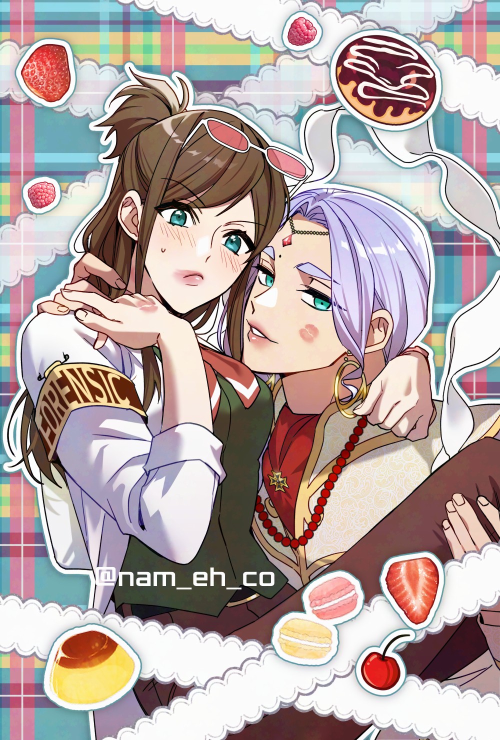 1boy 1girl ace_attorney aqua_eyes arm_on_another&#039;s_shoulder armband bead_necklace beads belt binding black_belt blush brown_hair brown_pants carrying coat donut earrings ema_skye eyewear_on_head facial_mark food forehead_mark fruit green_eyes green_vest hetero highres hoop_earrings jewelry lab_coat lipstick lipstick_mark lipstick_mark_on_face long_hair macaron makeup nahyuta_sahdmadhi nam_eh_co necklace open_clothes open_coat pants phoenix_wright:_ace_attorney_-_spirit_of_justice pink-tinted_eyewear plaid_background princess_carry pudding purple_hair shawl small_sweatdrop smeared_lipstick strawberry strawberry_slice thick_eyebrows tinted_eyewear twitter_username vest white_coat white_shawl