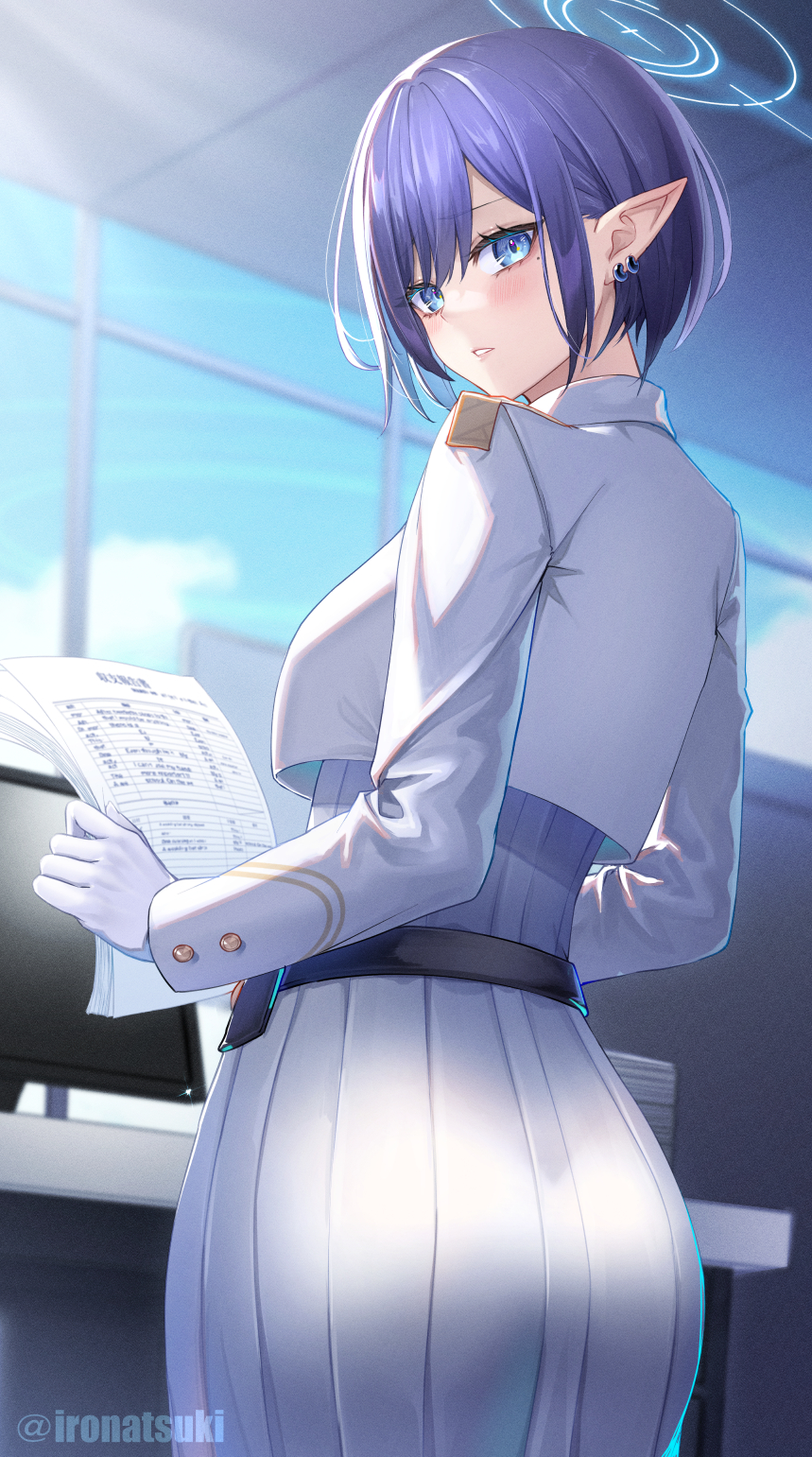 1girl aoi_(blue_archive) ass blue_archive blue_eyes blue_hair blue_halo blurry blurry_background blush breasts cropped_jacket earrings gloves halo highres holding holding_paper indoors ironatsuki jacket jewelry long_skirt long_sleeves medium_breasts monitor paper parted_lips pleated_skirt pointy_ears short_hair skirt solo twitter_username white_gloves white_jacket white_skirt