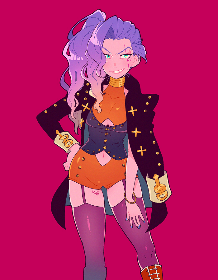 black_coat blue_eyes blue_nails bracelet center_opening coat collarbone diamond_wa_kudakenai eyelashes facial_mark garter_straps genderswap genderswap_(mtf) grin hand_on_own_thigh jacket jewelry jojo_no_kimyou_na_bouken kiri_futoshi orange_romper otoishi_akira pink_background purple_hair purple_thighhighs side_ponytail signature smile studded_jacket studded_vest thighhighs