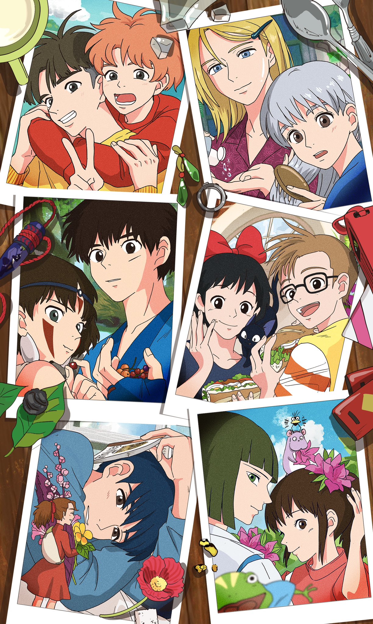 6+boys 6+girls aged_up animal animal_on_shoulder arrietty ashitaka berry black_eyes blonde_hair blue_hair bob_cut bow bowl_cut brown_eyes brown_hair brushing_hair cat cat_on_shoulder commentary_request company_connection earrings facepaint flower food frog fruit gake_no_ue_no_ponyo green_hair grey_hair grin hair_bow hair_down hair_flower hair_ornament haku_(sen_to_chihiro_no_kamikakushi) highres holding holding_food holding_fruit howl_(howl_no_ugoku_shiro) howl_no_ugoku_shiro hug hug_from_behind japanese_clothes jewelry jiji_(majo_no_takkyuubin) karigurashi_no_arrietty kiki_(majo_no_takkyuubin) majo_no_takkyuubin mini_person minigirl mononoke_hime multiple_boys multiple_girls ogino_chihiro orange_hair photo_(object) ponyo rikaco1988 ring san_(mononoke_hime) sandwich sen_to_chihiro_no_kamikakushi short_hair shou_(karigurashi_no_arrietty) smile sophie_(howl_no_ugoku_shiro) sousuke_(ponyo) studio_ghibli tombo_(majo_no_takkyuubin) undercut unworn_earring unworn_ring v