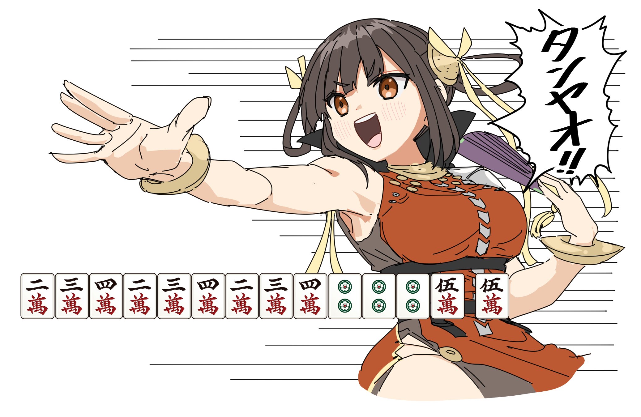 1girl armor benbe black_hair breasts chest_harness china_dress chinese_clothes dress hair_ribbon harness heaven_burns_red highres large_breasts li_yingxia mahjong pelvic_curtain ribbon shoulder_armor side_slit yellow_ribbon