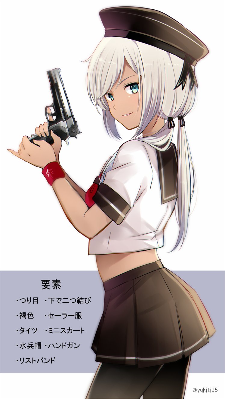 1girl black_hat black_pantyhose black_skirt blue_eyes bren_ten cowboy_shot crop_top crop_top_overhang female_focus from_side grin gun handgun hands_up hat highres hip_focus long_hair looking_at_viewer low_twintails midriff miniskirt neckerchief original pantyhose parted_lips pistol pleated_skirt red_neckerchief reloading sailor_hat school_uniform serafuku silver_hair simple_background skirt smile solo swept_bangs tan translated trigger_discipline tsurime twintails twitter_username weapon white_background wristband yukichi_(eikichi)